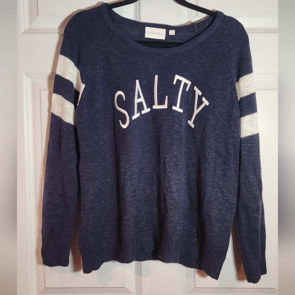 Mia & Tess Salty Navy Blue And White Women's Knit Sweater M